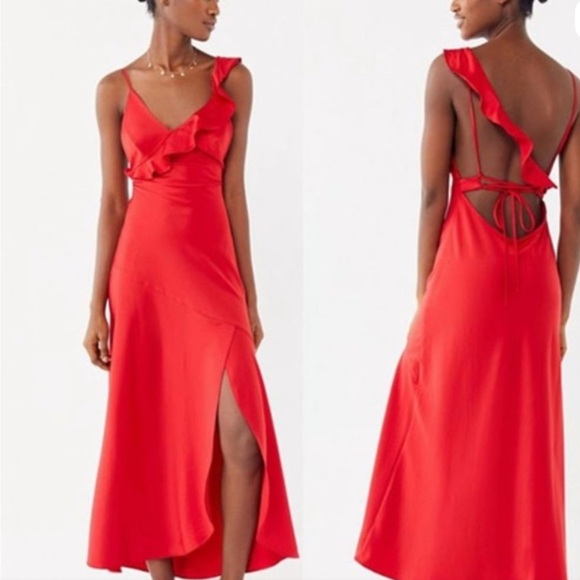 Urban Outfitters Dresses & Skirts - Urban Outfitters Scarlet red Satin Dress- ruffle strap on left